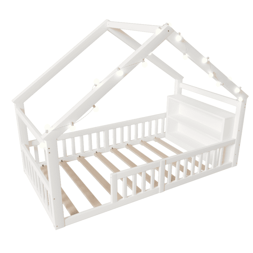 Cama baixa 90x190 cm - Berço com grades, estrutura em forma de casa, estilo minimalista, branco Cama baixa 90x190 cm - Berço com grades, estrutura em forma de casa, estilo minimalista, branco
