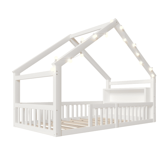 Cama baixa 90x190 cm - Berço com grades, estrutura em forma de casa, estilo minimalista, branco Cama baixa 90x190 cm - Berço com grades, estrutura em forma de casa, estilo minimalista, branco