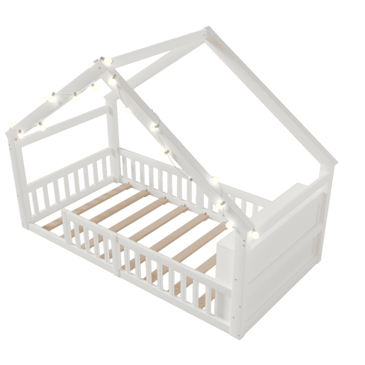 Cama baixa 90x190 cm - Berço com grades, estrutura em forma de casa, estilo minimalista, branco Cama baixa 90x190 cm - Berço com grades, estrutura em forma de casa, estilo minimalista, branco