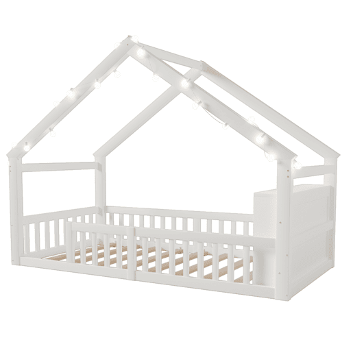 Cama baixa 90x190 cm - Berço com grades, estrutura em forma de casa, estilo minimalista, branco Cama baixa 90x190 cm - Berço com grades, estrutura em forma de casa, estilo minimalista, branco