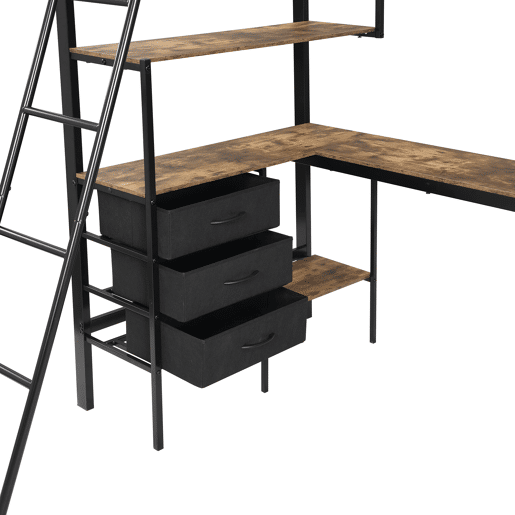 Beliche, 90x200cm - Três gavetas, Mesa de 2m, Escada inclinada com 4 degraus - Preto + Nogueira escura
