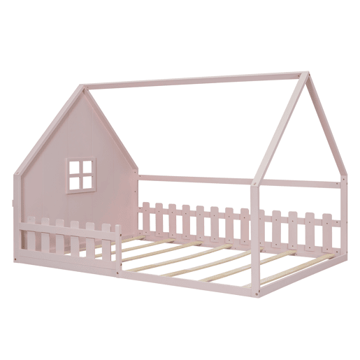 Cama de cabana para crianças 140x200 cm - Forma de cabana - Madeira de pinho e MDF - Rosa