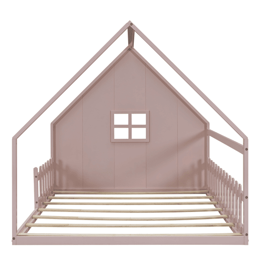 Cama de cabana para crianças 140x200 cm - Forma de cabana - Madeira de pinho e MDF - Rosa