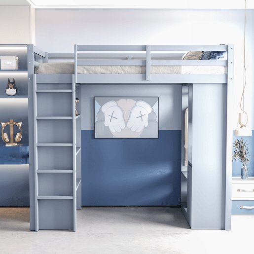 Cama alta infantil 90x200 cm - Com prateleiras multi-níveis, ganchos simples, compartimentos de arrumação, carrinho organizador removível - Cinza