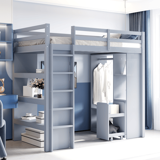 Cama alta infantil 90x200 cm - Com prateleiras multi-níveis, ganchos simples, compartimentos de arrumação, carrinho organizador removível - Cinza
