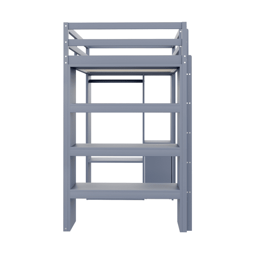 Cama alta infantil 90x200 cm - Com prateleiras multi-níveis, ganchos simples, compartimentos de arrumação, carrinho organizador removível - Cinza