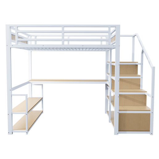 Cama alta 140x200 cm - Cama metálica com escada de arrumação, prateleiras e mesa, design de barreira de segurança com ripas de metal, estrutura de ferro para suporte estável - Branco
