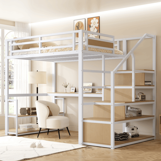 Cama alta 140x200 cm - Cama metálica com escada de arrumação, prateleiras e mesa, design de barreira de segurança com ripas de metal, estrutura de ferro para suporte estável - Branco