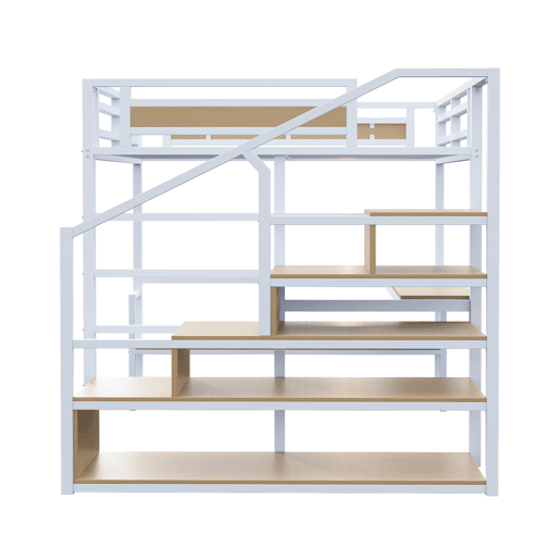 Cama alta 140x200 cm - Cama metálica com escada de arrumação, prateleiras e mesa, design de barreira de segurança com ripas de metal, estrutura de ferro para suporte estável - Branco