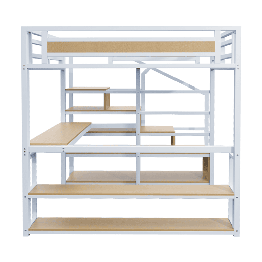 Cama alta 140x200 cm - Cama metálica com escada de arrumação, prateleiras e mesa, design de barreira de segurança com ripas de metal, estrutura de ferro para suporte estável - Branco