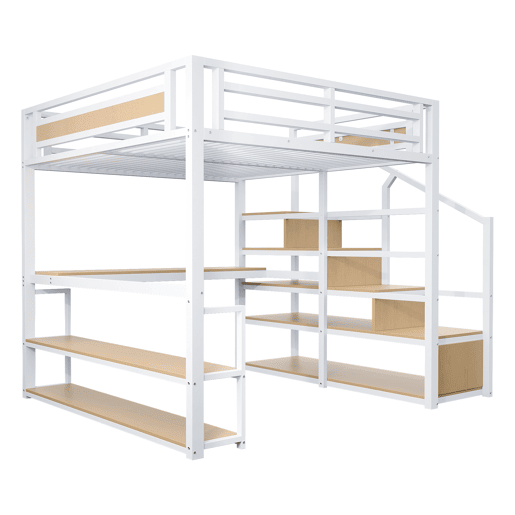 Cama alta 140x200 cm - Cama metálica com escada de arrumação, prateleiras e mesa, design de barreira de segurança com ripas de metal, estrutura de ferro para suporte estável - Branco