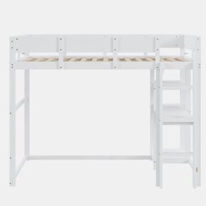 Cama alta 90x200 cm - Com prateleira, estrutura em pinho maciço, base de ripas, branca