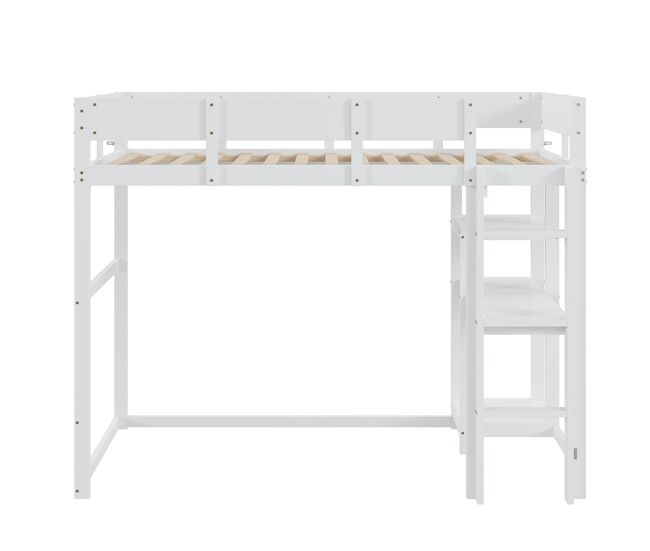 Cama alta 90x200 cm - con estante, estructura de pino macizo, somier de listones, blanco