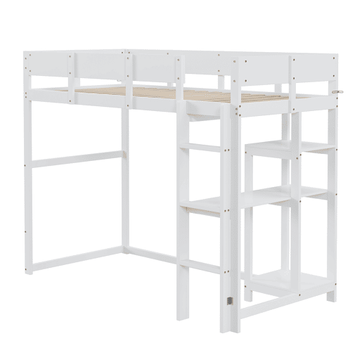 Cama alta 90x200 cm - Com prateleira, estrutura em pinho maciço, base de ripas, branca
