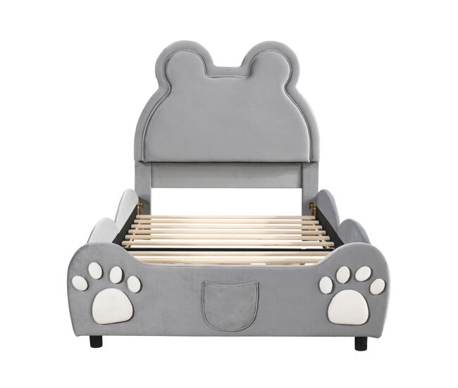 Cama infantil 90 x 200 cm - forma de oso - tela de terciopelo - gris