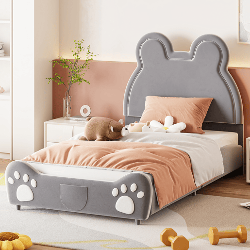 Cama de criança 90 x 200 cm - forma de urso - tecido de veludo - Cinzento