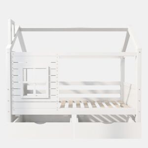 Beliche 90x200 cm com 2 gavetas - forma de casa - madeira maciça - Branco