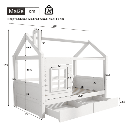 Beliche 90x200 cm com 2 gavetas - forma de casa - madeira maciça - Branco