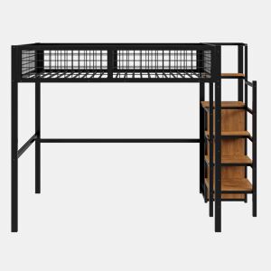 Cama alta 140*200 - com escada, cama infantil com estrutura de ferro e prateleira de arrumação - preto