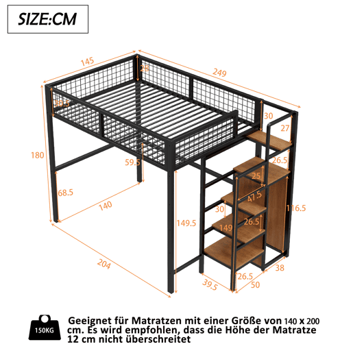 Cama alta 140*200 - com escada, cama infantil com estrutura de ferro e prateleira de arrumação - preto