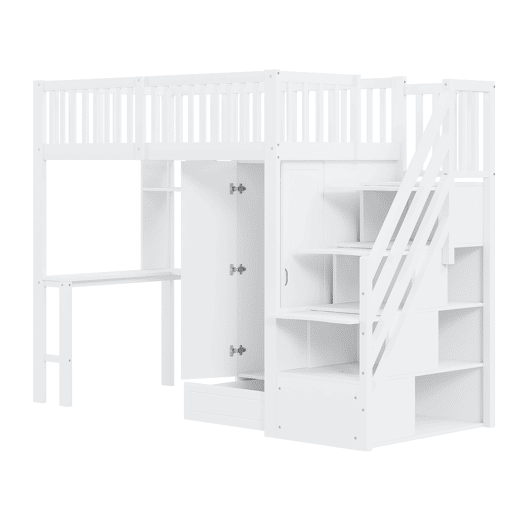 Cama alta 90x200 - Com armário, estante, mesa e escada, estrutura em madeira, branca