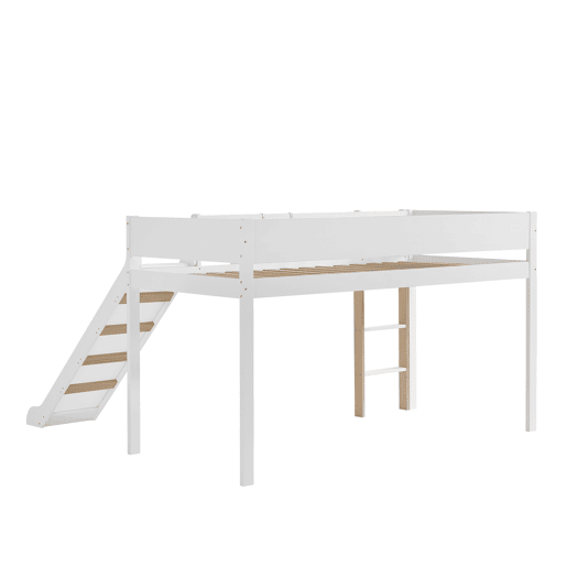 Cama alta 90x200 cm com prateleiras extraíveis - com escada e escorrega - em madeira de pinho e MDF - Branco