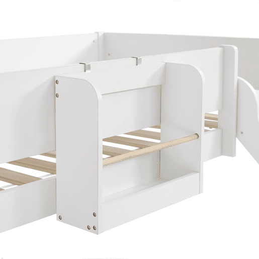 Cama alta 90x200 cm com prateleiras extraíveis - com escada e escorrega - em madeira de pinho e MDF - Branco
