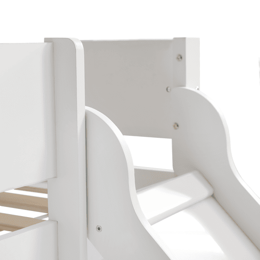 Cama alta 90x200 cm com prateleiras extraíveis - com escada e escorrega - em madeira de pinho e MDF - Branco