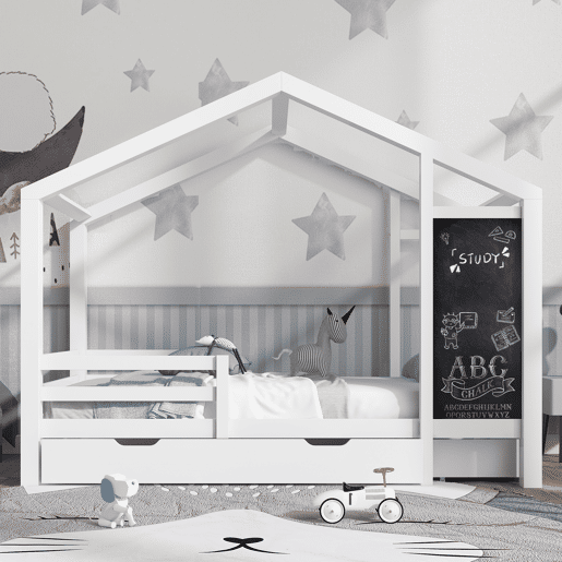 Cabine-cama 90x200 cm - madeira maciça - com ardósia e 2 gavetas - Branco