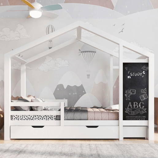Cabine-cama 90x200 cm - madeira maciça - com ardósia e 2 gavetas - Branco