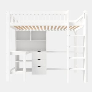 Cama alta 90x200 cm - Com prateleiras, secretária, 3 gavetas, escada - Branca