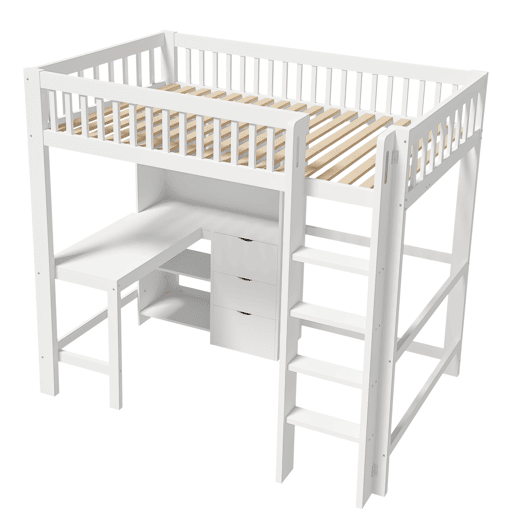 Cama alta 90x200 cm - Com prateleiras, secretária, 3 gavetas, escada - Branca