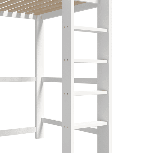 Cama alta 90x200 cm - Com prateleiras, secretária, 3 gavetas, escada - Branca