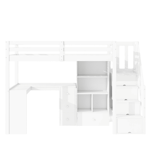 Cama alta de madeira 90x200 cm - com secretária e espaço de arrumação - Branco