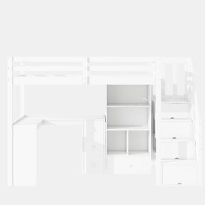 Cama alta de madeira 90x200 cm - com secretária e espaço de arrumação - Branco