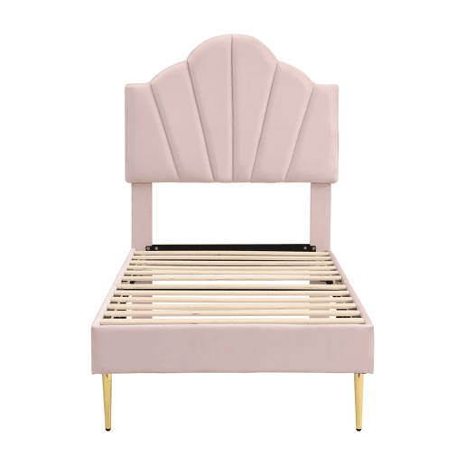 Cama de veludo para criança - 90x200cm - cabeceira em forma de concha - Rosa