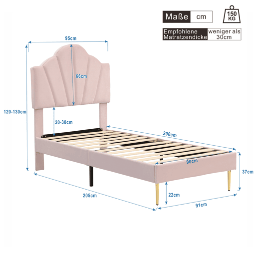 Cama de veludo para criança - 90x200cm - cabeceira em forma de concha - Rosa