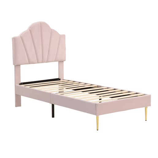 Cama de veludo para criança - 90x200cm - cabeceira em forma de concha - Rosa