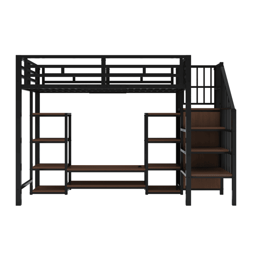 Cama alta 90x200 com suporte para TV, tomada e escada de segurança - Combinação metal-madeira, preto
