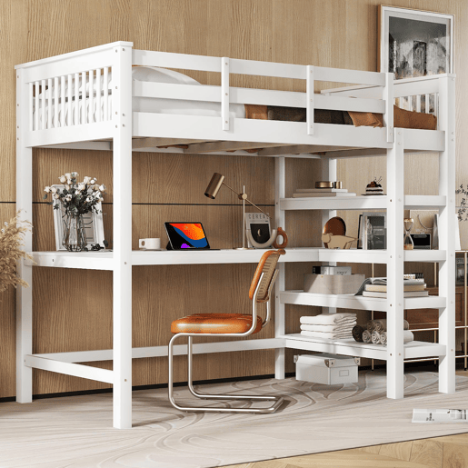 Cama alta 90x200 - Cama infantil com compartimentos de arrumação e secretária por baixo - Branco