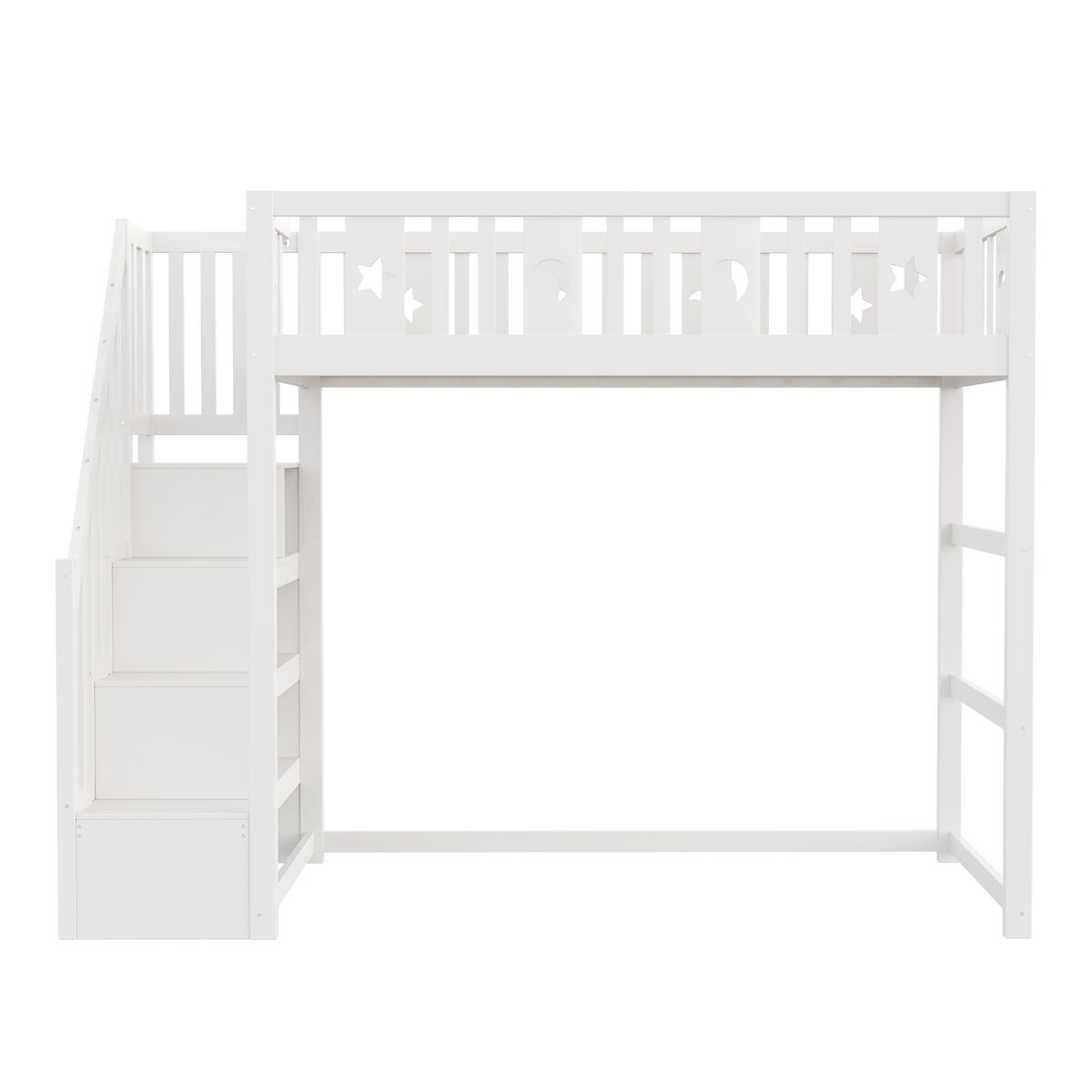 Cama alta infantil 90x200 - con escalera, estructura de madera maciza, con barandilla de seguridad, decoración de estrellas y luna - blanco