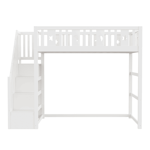 Cama alta infantil 90x200 - com escada, estrutura em madeira maciça, com corrimão de segurança, decoração com estrelas e lua - Branco