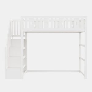 Cama alta infantil 90x200 - com escada, estrutura em madeira maciça, com corrimão de segurança, decoração com estrelas e lua - Branco
