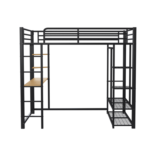 Cama mezzanine metálica 140x200 cm - com mesa e prateleiras - Preto