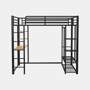 Cama mezzanine metálica 140x200 cm - com mesa e prateleiras - Preto