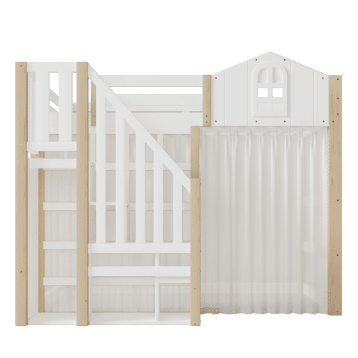 Cama loft 140x200 cm - Com luzes LED, escada com arrumação, janela, com espaço de arrumação, sem colchão - Branco + Natural