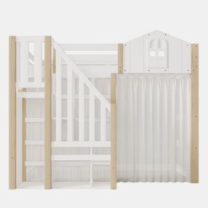 Cama loft 140x200 cm - Com luzes LED, escada com arrumação, janela, com espaço de arrumação, sem colchão - Branco + Natural