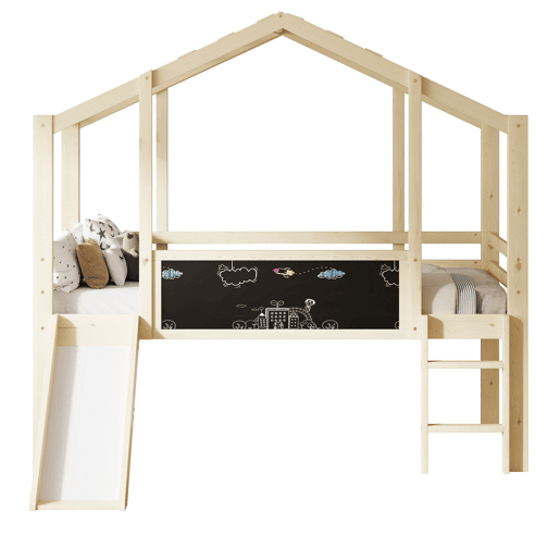 Cama infantil 90x200 cm - Design loft com escada e escorregador, quadro de grafite, cama multifuncional, cor madeira
