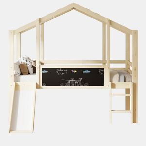 Cama infantil 90x200 cm - Design loft com escada e escorregador, quadro de grafite, cama multifuncional, cor madeira