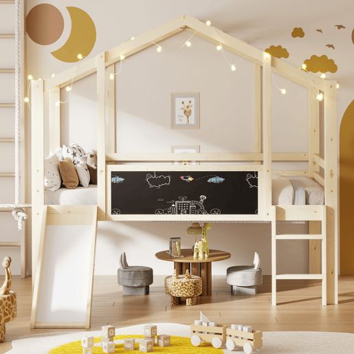 Cama infantil 90x200 cm - Design loft com escada e escorregador, quadro de grafite, cama multifuncional, cor madeira